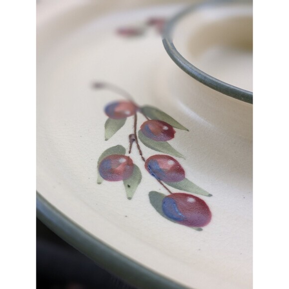 Cranberry Pottery Appetizer Dish With Bowl Attached for Dip Signed KTJ Red Cream - Picture 3 of 10